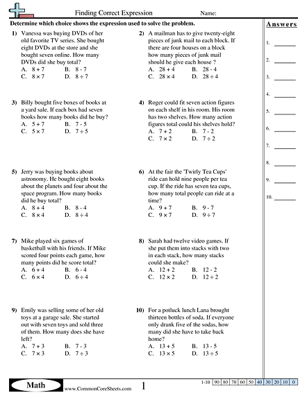 Add, Sub, Mult & Div  Worksheet - Finding Correct Expression  worksheet